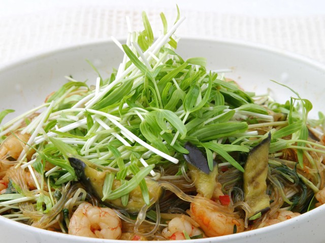 空心菜の新芽なすと春雨の豆板醤炒め